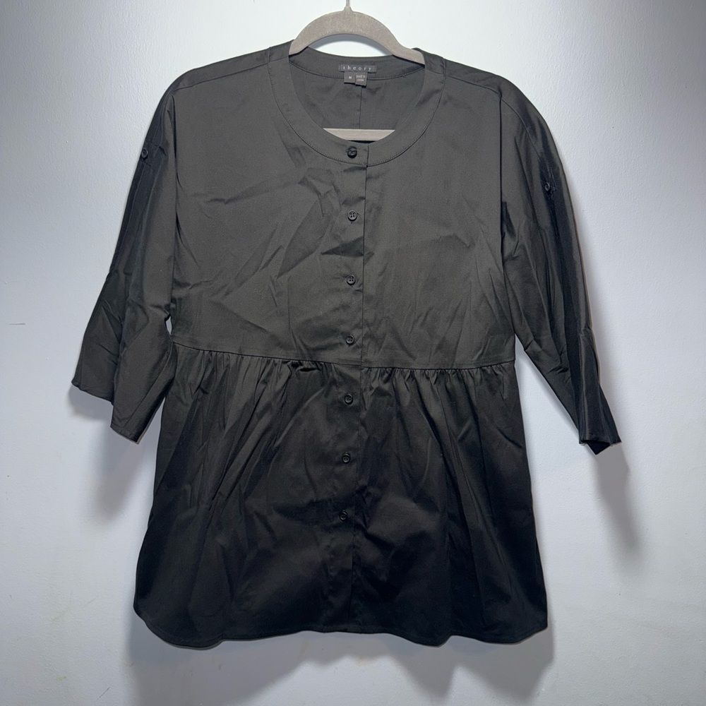 Theory Black Peplum Style 3/4 Sleeve Button Down Peasant Top Size Medium Euc